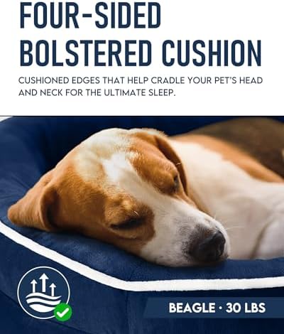 OhGeni Orthopedic Dog Bed Couch for Large Sized Pets with Egg Foam Support, Four-Sided Bolster Cushions, Soft Tear-Resistant Fabric, and Removable Machine Washable Plush Cover 35-Inch (Dark Blue)