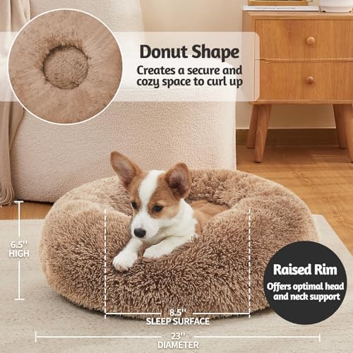 OhGeni Calming Donut Dog Bed Pillow for Small Medium Pets, Machine Washable Removable Cover, Comfort Plush Fluffy Faux Fur with Anti-Slip Bottom, Cats-Friendly Round Cuddly Design, Ocher, 23 inches