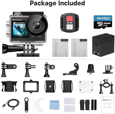 AKASO Brave 4 Pro 4K30 Action Camera with 256GB MicroSD U3 Card 131FT Underwater Waterproof Camera EIS Touch Screen Remote Control with 2x1350mAh Batteries and Helmet Accessories Kit Bundle