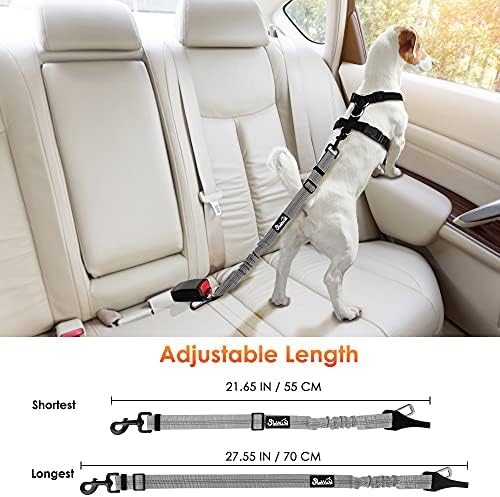 SlowTon 2 Pack Dog Seat Belt, 2 in 1 Attachment, Hook Latch Bar or Seatbelt Buckle with Elastic Nylon Bungee Buffer Adjustable Reflective Nylon Safety Belt Tether Connect to Dog Harness (2pack-GY)