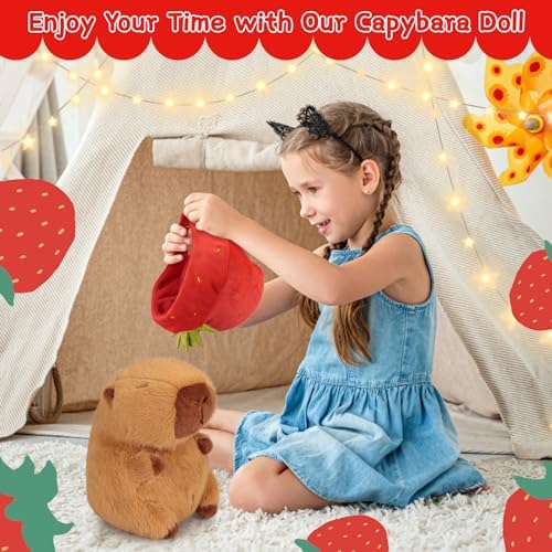 Emoin Capybara Plush Toy with Strawberry Hat 9.8 Inch Kawaii Capybara Plushie Soft Capybara Valentines Stuffed Animals Doll Strawberry Capybara Valentines Day Gift for Her