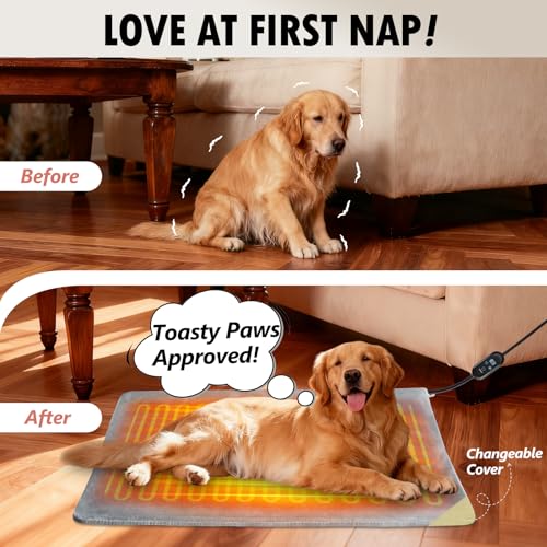 inanil Dog Heated Pad, 6 Adjustable Temperature & 5 Timers, Large Dog Heating Pad, Waterproof Pet Heating Pad for Dogs with Chew-Resistant Cord, Electric Warmer with 2 Removable Covers, 35.4" x 23.6"