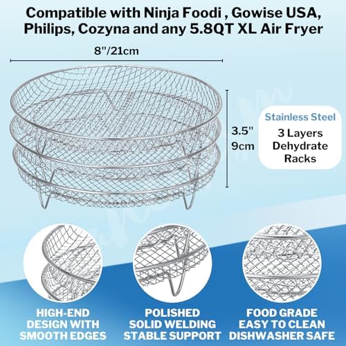 Air Fryer Accessories - Three Stackable Dehydrator Racks for Ninja, Instant Pot Vortex, COSORI, CHEFMAN, Gowise, Ultrean, Gourmia - 304 Stainless Steel Grill Rack Fits 4.2-5.8 QT Air Fryer, Oven