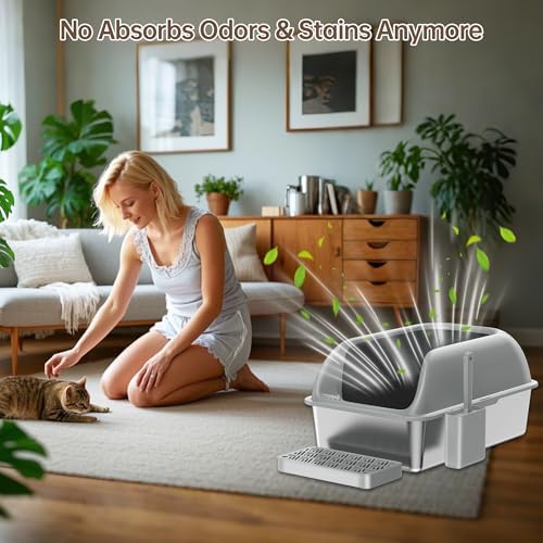 Stainless Steel Litter Box with Lid, XL Extra Large Metal Cat Litter Box for Big Cats, High Sided Design with Scoop & Pedal, Non-Stick, Anti-Leak, Easy to Clean-Light Grey