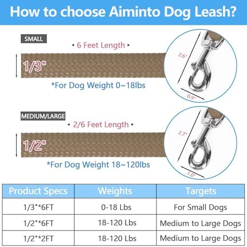 Dog Leash, Braided Rope Traction – Walking Training Lead for Small Dogs ((1/3") x 6FT, Khaki)