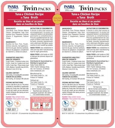 INABA Twin Packs for Cats, Shredded Chicken & Broth Gelée Side Dish/Topper Pouch, 1.4 Ounces per Serving, 16 Servings, Tuna & Chicken Recipe in Tuna Broth
