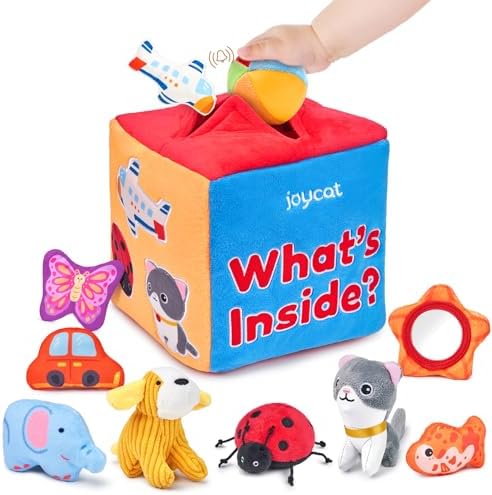 Baby Toys 6-12 Months - Mystery Soft Box with 10 Sensory Objects, Rattle, Crinkle Paper, Mirror - What's Inside Box Infant Gifts, Soft Busy Toys 1-2 - Baby Easter Basket Stuffers Gifts