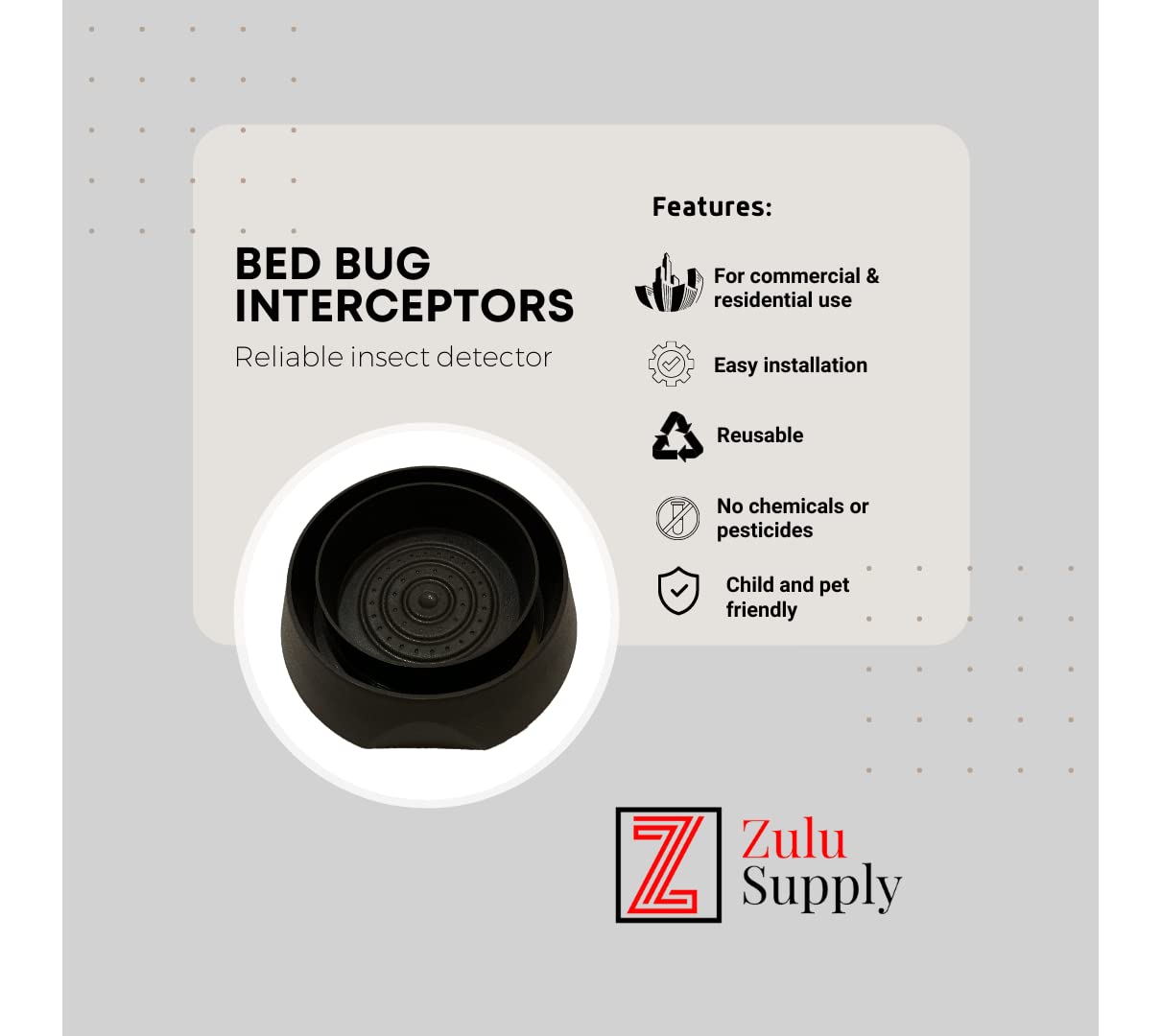 Zulu Supply Bed Bug Interceptors, Traps, Bedbug Monitor, Insect Detector for Bed Legs or Furniture (Black 12-Pack)