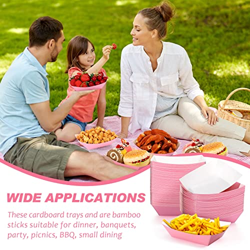 Yinkin 100 Pcs 2lb Paper Food Trays Boat 2lb Disposable Nacho Trays Kraft Paper Boat for Tacos Concession Halloween Christmas Party Supplies(Pink)