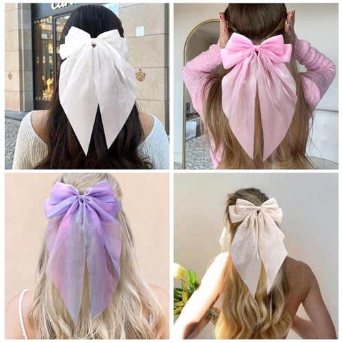 10 PCS Big Hair Bows for Women Girls,TOKUFAGU Large Hair Ribbon Bow Barrette Clips for Girls,Hair Bows with Long Tail Vintage French Hair Accessories for Women (Polished satin surface)