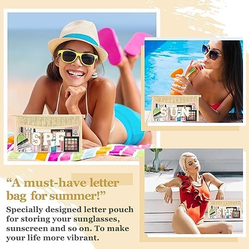 2 Pcs Boho Straw Clear Makeup Letter Bag BEACH Pouch, Sunscreen Bags for Beach Travel Small Cute Chenille Letter SPF Bag Pouch,Waterproof Beach Toiletry Sun Bag Beach Accessories for Women(SPF+SUN)