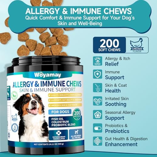 200 Dog Allergy Chews Anti-Itch for Dogs, Dog Allergy Relief Chews for Dogs Itching Skin Relief, Skin & Coat Supplement, Omega 3 Fish Oil, Turmeric & Colostrum Immune Support, Hot Spots, Paw Licking