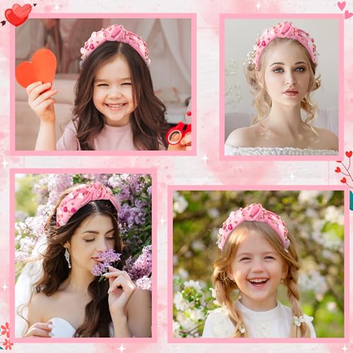 PANTIDE Valentine's Day Heart Jeweled Knotted Headband - Heart Rhinestone Crystal Embellished Headband Wide Top Knot Fashion Hairband Accessories Christmas Birthday Gift for Lover Women (Pink)