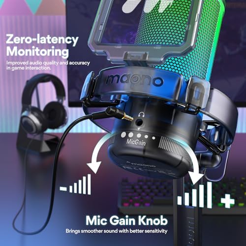 MAONO Gaming USB Microphone for PC with Noise Cancellation, Computer RGB Condenser Mic for Streaming Discord Twitch YouTube Podcast Online Chat PS4 PS5, GamerWave DGM20