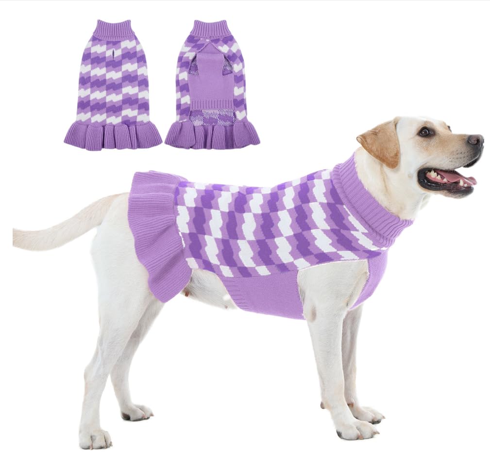 OUOBOB Dog Sweaters for Large Dogs Girl, Dog Sweater Dress with Leash Hole, Thick Turtleneck Knitwear for Female Dogs, Warm Fall Winter Dress for Cold Weather, Thanksgiving, Christmas - Purple XXL
