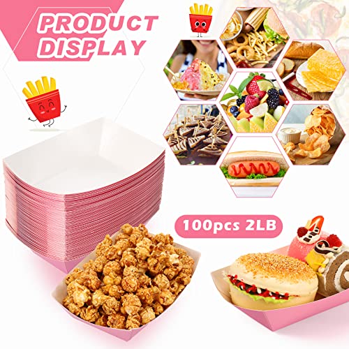 Yinkin 100 Pcs 2lb Paper Food Trays Boat 2lb Disposable Nacho Trays Kraft Paper Boat for Tacos Concession Halloween Christmas Party Supplies(Pink)