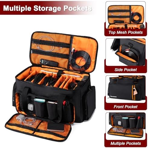 DJ Gig Bag with 8 Detachable Dividers, DJ Cables Bag with 15.6'' Laptop Sleeve, Large Capacity Travel Musicians Gig Bag for DJ Gear, Music Equipment&Accessories, Black