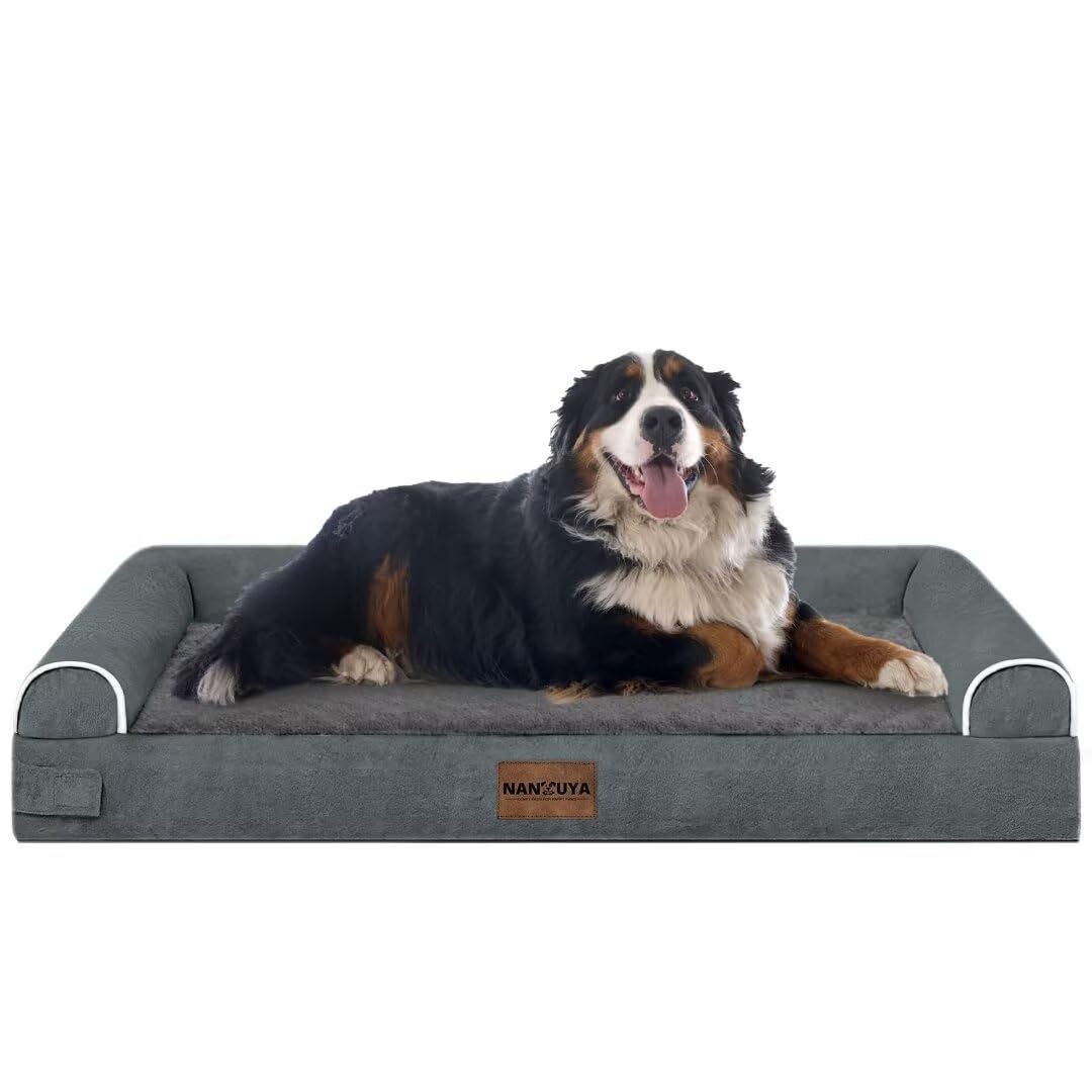 Large Dog Bed Orthopedic Washable: Jumbo Dog Bed Bolster Extra Large Dogs Egg Crate Foam Sofa Couch Waterproof Removable Cover - Dark Grey