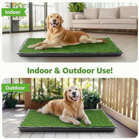 LOOBANI 47.6x29.2in Large Dog Litter Box with 2 Artificial Grass Patch + 2 Washable Pee Pads, Quickly Absorbency Portable Patio Potty for Balcony Apartment Use