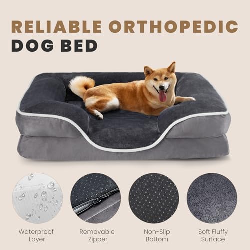 Sweetcrispy Orthopedic Dog Bed, Memory Foam Puppy Sleeping Sofa for Medium Pets with Washable Removable Cover Non-Slip Base Waterproof Liner Egg Crate for Improved Sleep, Grey, 28"L x 23"W x 6.5"Th