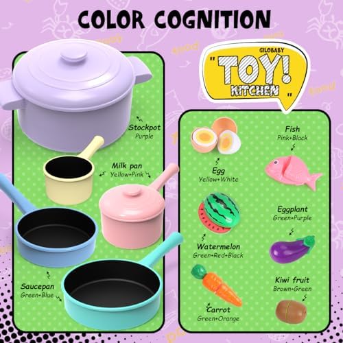 GILOBABY Play Kitchen Accessories, Play Food Sets for Kids Kitchen Playset with Pots and Pans Set, Cooking Utensils, Preschool Learning Education Toys for Toddlers, Birthday Gifts for Girls (Pink)