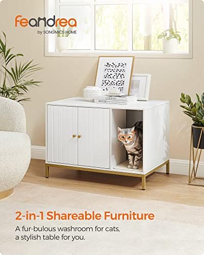 Feandrea Litter Box Enclosure, Modern Cat Litter Box Furniture Hidden, with Scratching Mat, Tall Legs, Cat House, Side End Table, 31.5 x 19.7 x 21.7 Inches, White and Gold UPCL007W01