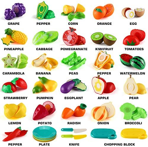 70 PCS Cutting Play Food Toy for Kids Kitchen, Pretend Fruit &Vegetables Accessories with Shopping Storage Basket, Plastic Mini Dishes and Knife, Educational Toy for Toddler Children Birthday Gift