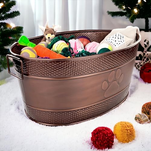 BREKX Indestructible Metal Dog Toy Bin - Copper Galvanized Storage Bin with Handles, Dog Toy Box for Dog Chew Toys, Blankets, & Leashes, Paw Pet Toy Box (25-Quart)