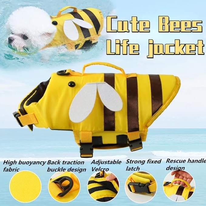 AZA Dog Life Jacket Shark Life Vest with Rescue Handle Cute Bees Costume Girl Adjustable High Buoyancy Swimwear for Small Medium Large Dogs Boy Swimsuit Clothes for Pets (XXS,Bees)