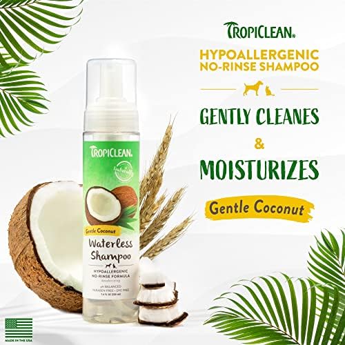 TropiClean Hypoallergenic Waterless Dog Shampoo | Dry Shampoo for Allergies & Sensitive Skin | Safe for Cats | Puppies & Kittens | No Rinse | 7.4oz