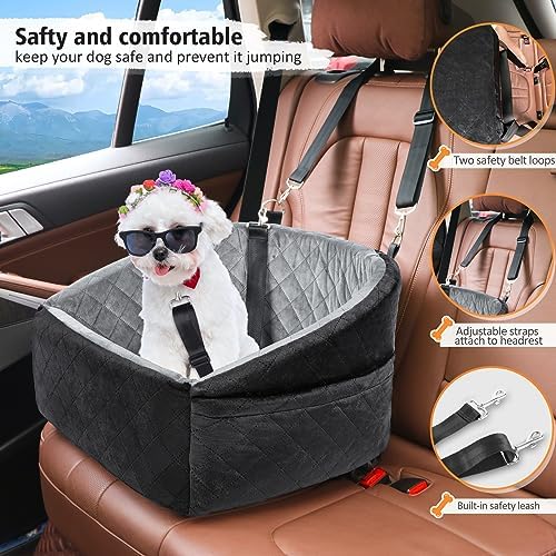 Dog Car Seat for Small Dogs,Detachable Washable Dog Booster Seat Under 30lbs, Pet Car Seat Travel Bed with Storage Pockets and Dog Safety Belt (Black/Grey)