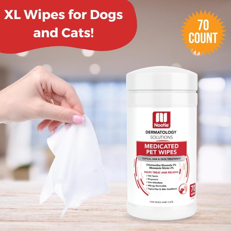 Nootie Medicated Dog Wipes, 2% Chlorhexidine and 2% Miconazole Formulated Pet Wipes for Dogs and Cats - 5"x 6" Size XL Wipes - 70 Count - Sold in Over 10,000 Vet Clinics and Pet Stores Worldwide