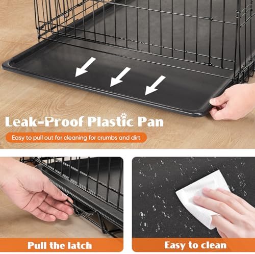Sweetcrispy Dog Crate with Divider Panel, 42 Inch Double Door Folding Metal Wire Dog Cage with Plastic Leak-Proof Pan Tray, Large XL Pet Kennel for Indoor, Outdoor, Travel