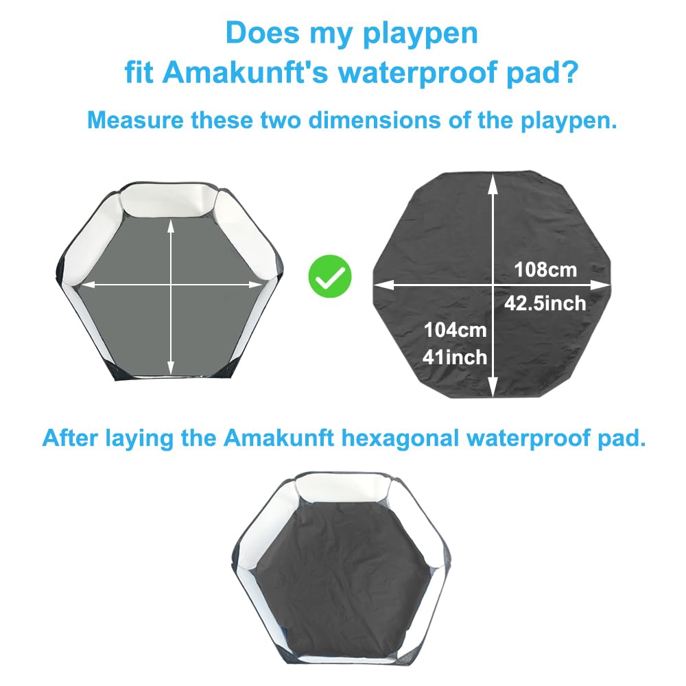 Amakunft Waterproof Hexagon Playpen Mat Washable Pee Pad Fit with Small Animal Playpen (42.5in x 41in) Reusable Pet Bedding Liner for Guinea Pig, Rabbit, Hamster, Chinchilla, Hedgehog Indoor/Outdoor