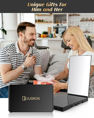 JUSRON 360 Viewing Angle Self Hair Cutting Mirror, Clear Anti-Fog HD Glass (Black with LED with Accessories)