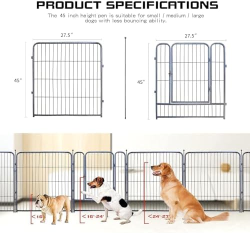Dog Playpen,32/40/45 Inch Height in Heavy Duty, Folding Indoor Outdoor Anti-Rust Dog Exercise Fence, Portable Pet Playpen with Door for Large Medium Small Dogs and Pet (40 Panels, 45 Inch) Silver