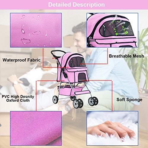 BestPet Pet Stroller Cat Dog Cage Stroller Travel Folding Carrier,Pink