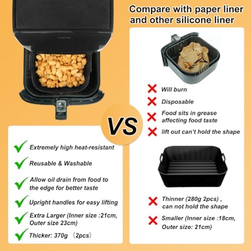 BYKITCHEN 9 Inch Square Silicone Air Fryer Liners for 6 to 8QT, Set of 2, Reusable Silicone Airfryer Tray Insert, Air Fryer Accessories for Corsori 6QT, Ninja Airfryer Pro XL 6.5QT, Gourmia & More