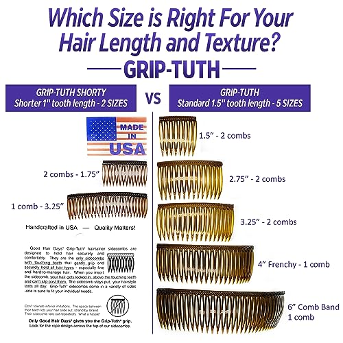 Grip-Tuth Combs - Set Of 2 Hair Side Combs - Hair Combs For All Types Of Hair - Decorative & Hair Styling Women Accessories (Shell, 1 ½ ″ Wide)