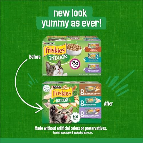 Purina Friskies Indoor Cat Food 24ct VP - (Chicken and Turkey Casserole, Saucy Seafood Bake, Homestyle Turkey Dinner) - (Pack of 24) 5.5 oz. Cans