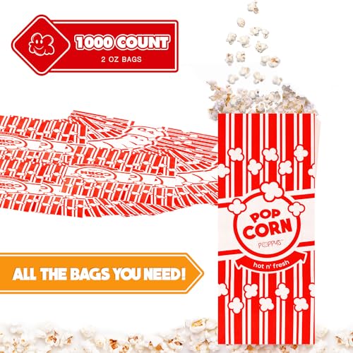 Poppy's Paper Popcorn Bags - 1000 2 oz Concession-Grade Bags, Popcorn Machine Accessories for Popcorn Bars, Movie Nights, Concessions