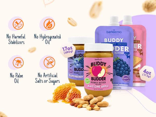 Bow-Wow Blueberry (probiotic + prebiotic) + Cranberry Canine (hip + joint) BUDDY BUDDER, 100% Natural Dog Peanut Butter, Healthy Peanut Butter Supplements, Made in USA (17oz jars)