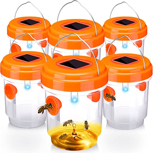 Wasp Trap Solar Powered Bee Trap Reusable Fly Traps Outdoor Hanging Wasp Killer with UV LED Light Flying Insects Bee Killer for Indoor Outdoor Patio Garden Home (Orange, 6 Packs)