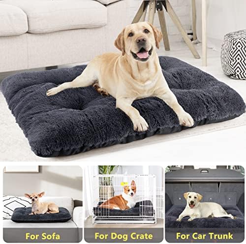 JOEJOY Large Dog Bed Crate Pad, Deluxe Plush Washable Dog Beds Fulffy Soft Kennel Pad Anti-Slip Pet Sleeping Mat for Large Medium Small Dogs, 35" x 21", Grey