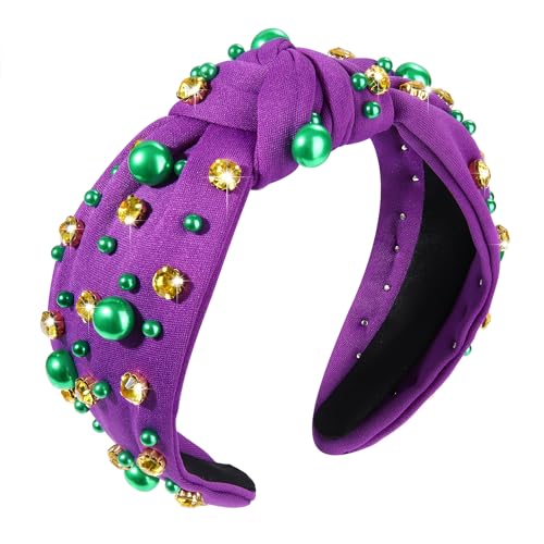 Mardi Gras Hairband for Women Purple Pearl Rhinestone Knotted Headband Carnival Parade Party Hair Accessories