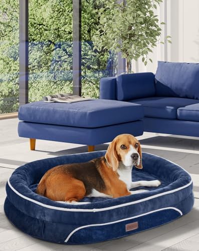 OhGeni Orthopedic Dog Bed Couch for Large Sized Pets with Egg Foam Support, Four-Sided Bolster Cushions, Soft Tear-Resistant Fabric, and Removable Machine Washable Plush Cover 35-Inch (Dark Blue)