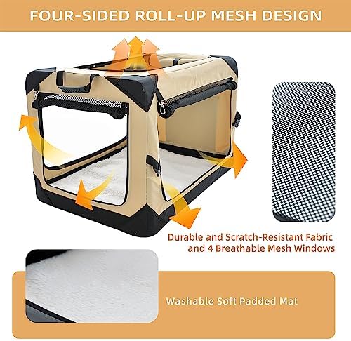 Pettycare 42 Inch Collapsible Dog Crate for Large Dogs, 4-Door Foldable Soft Dog Kennel with Chew Proof Mesh Windows, Indoor & Outdoor Travel Dog Crate, Soft Side Dog Crate,Beige