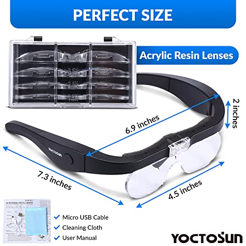 YOCTOSUN Rechargeable Magnifying Glasses, Head Magnifier Glasses with 2 LED Lights and Detachable Lenses 1.5X, 2.5X, 3.5X,5X, Best Eyeglasses Magnifier for Reading and Hobby