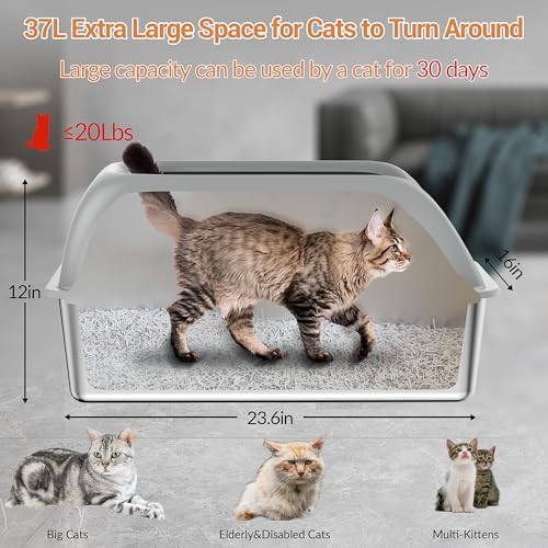 Stainless Steel Litter Box with Lid, XL Extra Large Metal Cat Litter Box for Big Cats, High Sided Design with Scoop & Pedal, Non-Stick, Anti-Leak, Easy to Clean-Light Grey