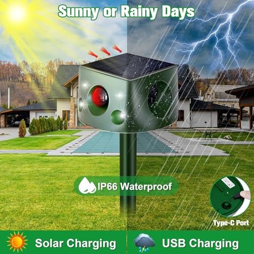Solar Animal Repeller, 360Β° Ultrasonic Animal Repellent, 7 Modes Animal Repellent for Garden, IP66 Waterproof Animal Deterrent Devices Outdoor, Repels Cat, Dog, Rat, Squirrel, Deer, Rabbit, Raccoon